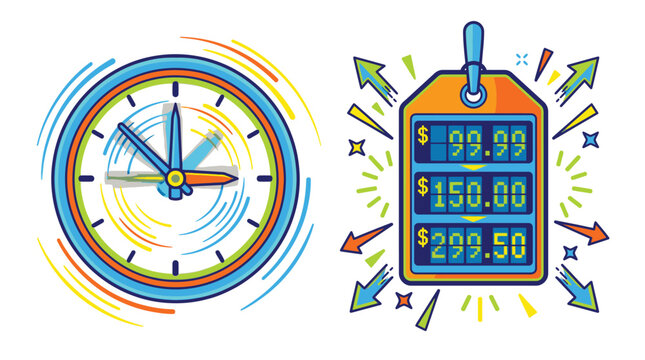 Clock and price tag icons combined.