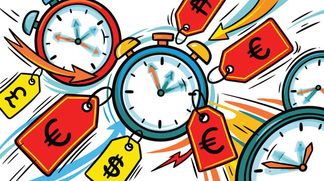 Clocks and price tags flying around.