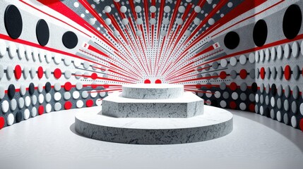 Fototapeta premium Abstract stage design. Circular patterns dominate, red accents contrast white, gray tones. Minimalist presentation space. Dramatic lighting creates depth.