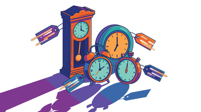 Colorful clocks in various sizes.