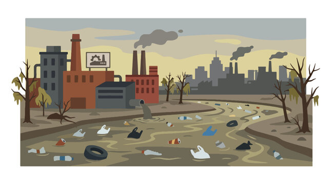 flat vector illustration of polluted river filled with trash and plastic bottles showing water contamination and environmental pollution problem