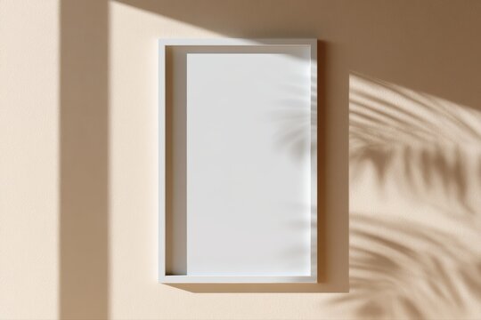 Blank white frame mockup on warm beige wall with natural sunlight and organic leaf shadow patterns, clean minimal composition