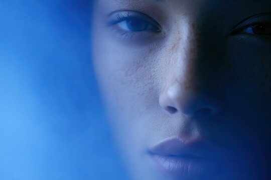 Editorial close up of human face partially hidden in shadows with translucent blue digital haze and cinematic soft lighting