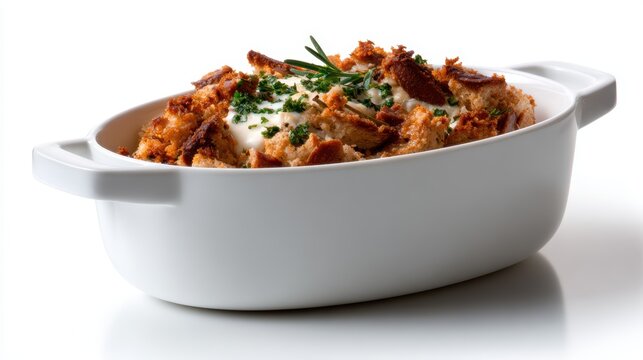 A homey image of a golden-brown stuffing filled with herbs and spices, baked to perfection in a white dish, capturing the essence of family meals and holiday gatherings.