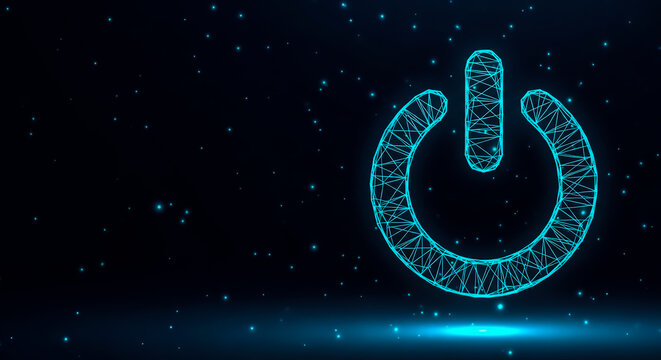 A futuristic glowing power button icon on a dark background with stars, representing technology or energy.