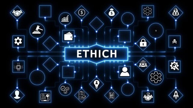 An Ethics concept button ,Blue wave digital data flow. Seamless loop technology network background concept . Futuristic digital technology . 4k animasted on transparent background.