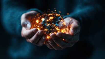 Fototapeta premium A mesmerizing glowing orb held delicately in hands, symbolizing the fusion of light and energy, depicting the intricate connection between individuals and the universe.