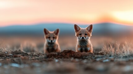 Fototapeta premium A heartwarming image featuring two playful fox cubs exploring their natural habitat during the golden hour, capturing the innocence and curiosity of youth in a stunning backdrop.