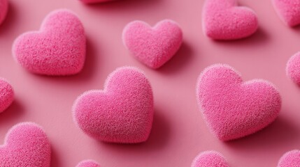 Fototapeta premium A close-up view of pink heart-shaped candies on a matching pink background
