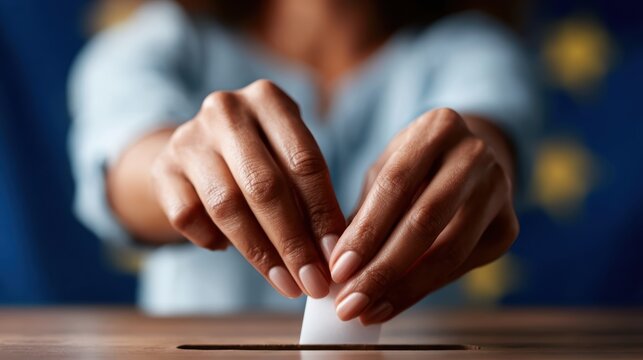 A close-up of hands placing a ballot into a voting box, representing the act of civic engagement and participation in the democratic process during elections.