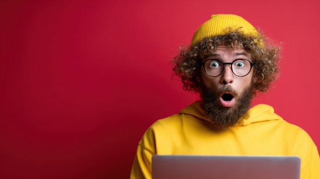A surprised young man with curly hair and glasses is peering at a laptop, capturing the essence of shock or excitement against a vibrant red background.