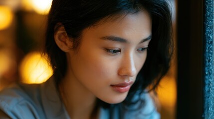 Fototapeta premium Young asian woman journaling in cozy coffee shop during rainy evening, warm light reflections, calm emotional mood, realistic photography