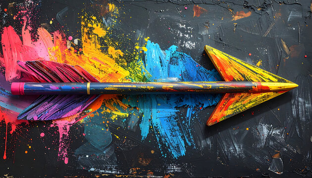 Colorful arrow exploding into vibrant paint splashes and powder on a dark textured background, abstract art