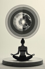 Obraz premium Woman meditates on circular platform below layered celestial bodies. Earth and moon are divided, symbolizing duality or balance. Represents inner peace, cosmic connection, and global perspective.
