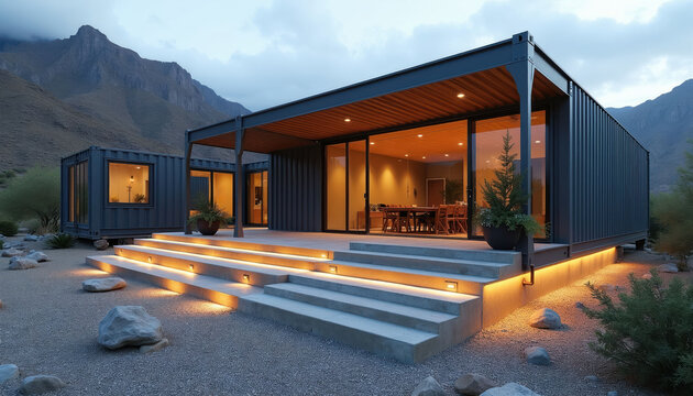 Modern home built from shipping containers sits in rocky desert landscape. Illuminated stairs lead to glass doors, offering views inside warm interior with dining table, chairs. Scene set at dusk