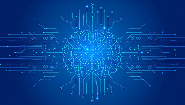 Digital brain with glowing blue circuits, artificial intelligence concept, technology network, futuristic data stream