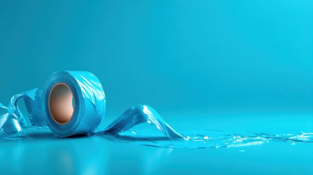 A vibrant blue roll of plastic tape elegantly unrolling, capturing a sense of tranquility and simplicity in everyday objects and their practical beauty.