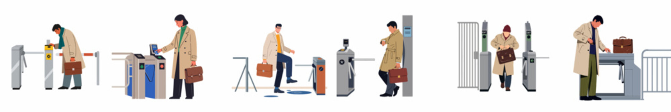 Flat vector illustrations of people passing through security turnstiles, scanning badges, and walking through entrance gates in office or public transport settings.