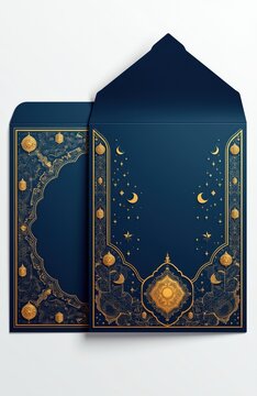 Elegant navy blue money envelopes feature gold intricate Islamic patterns stars, crescent moons. Ideal for Eidi gifts during Ramadan, Eid celebrations, ornate envelopes add festive touch to cash