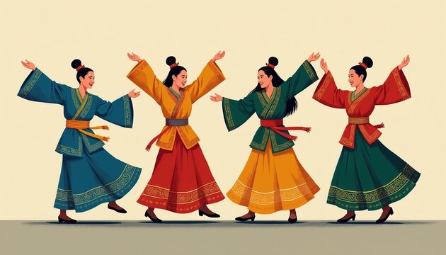 Four women in traditional Hmong attire dance with joy. Colorful dresses feature intricate patterns, rich heritage, cultural celebration. Illustration captures festive spirit of community.