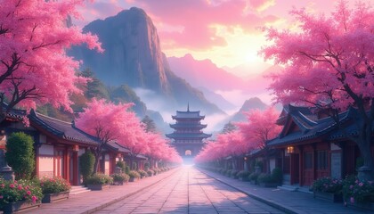 Naklejka premium Anime style landscape with traditional Japanese architecture lined with vibrant cherry blossoms. A grand pagoda sits at the end of a stone path, framed by misty mountains under a soft pink sky.