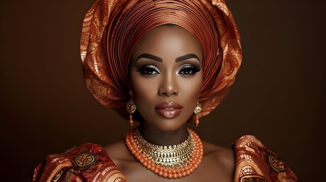 Elegant Nigerian bride wearing traditional gele headwrap and coral bead jewelry in a cinematic studio portrait.
