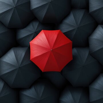 Bright red umbrella standing out among crowd of black umbrellas, leadership and individuality concept, top view composition