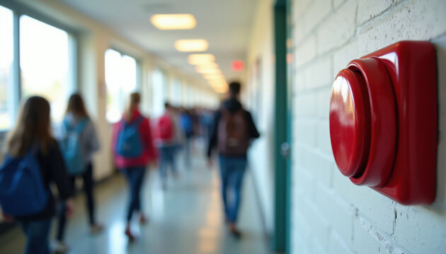 Red fire alarm button on white brick wall in blurred school hallway. Students walk past with backpacks, unaware of potential danger. Safety device is ready for emergency.