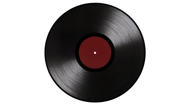 Black vinyl record with red label and white center hole, isolated on transparent background
