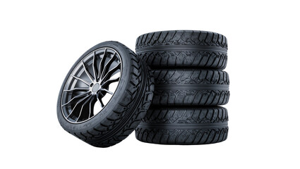 Stack of four car tires and one alloy wheel, isolated on transparent background © Corotaev