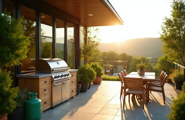 Naklejka premium Modern luxury patio deck with large grill and wooden table set. Enjoy summer sunset cooking outdoors with green nature view. Perfect for backyard relaxation and entertaining guests.