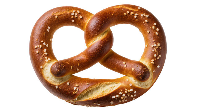 Golden brown baked pretzel with coarse salt crystals, isolated on transparent background
