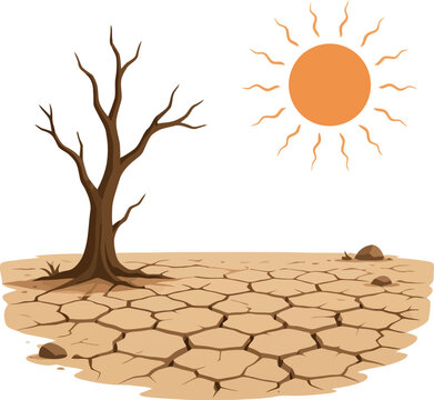 Vsai dead tree standing on cracked dry earth under hot sun