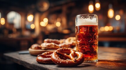 Naklejka premium Warm pretzels and a cold beer in a cozy pub setting, creating an inviting atmosphere for food lovers and social gatherings with rustic charm
