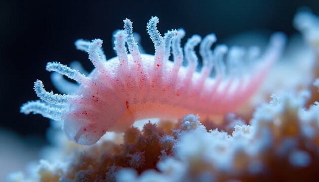 Small pink sea creature with fuzzy tentacles on coral. It collects marine snow particles in deep blue ocean water. Macro shot shows delicate ecosystem detail.