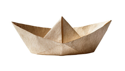 Brown textured paper origami boat sailing on water, isolated on transparent background