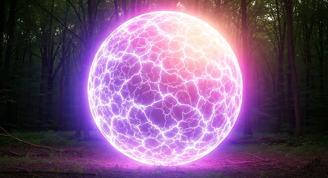 Glowing magical sphere of energy in mystical forest setting with mystical electric abstract mysterious illumination phenomenon background