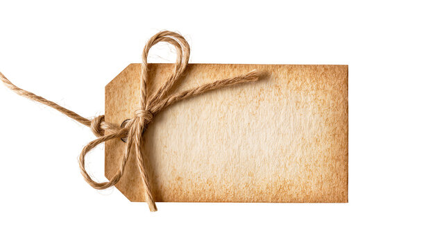 Rustic brown paper tag tied with jute string, isolated on transparent background