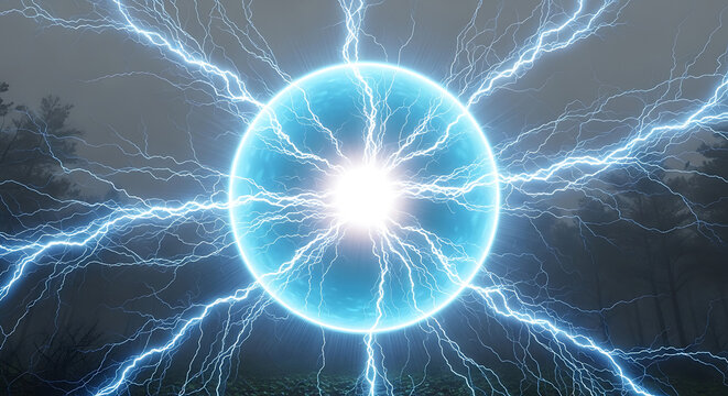Abstract electric plasma energy sphere with lightning bolts in dark forest background electricity lightning abstract electric background intensity
