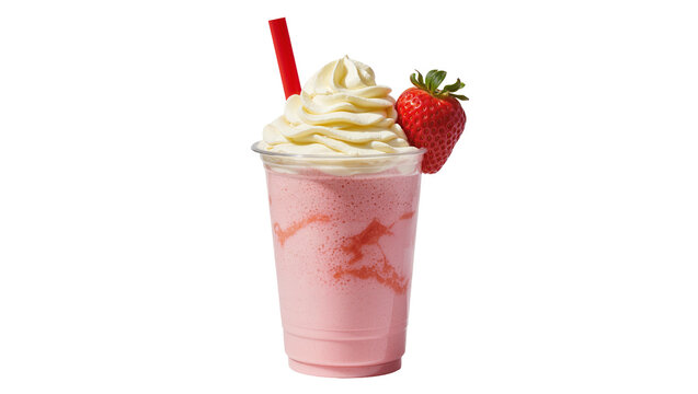 Pink strawberry milkshake with whipped cream strawberry garnish and red straw, isolated on transparent background