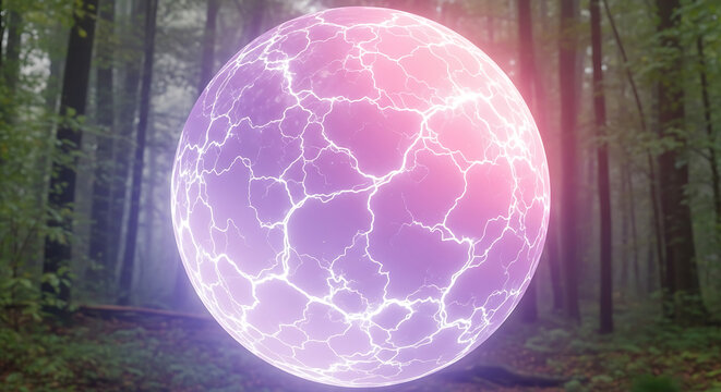 Glowing purple energy shield sphere with internal crackle effect in misty forest forcefield electric abstract atmosphere
