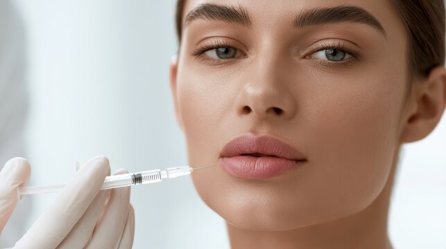 Professional lip augmentation procedure in modern aesthetic clinic, soft lighting, premium skincare branding concept