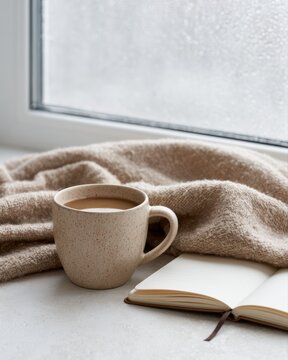 Soft beige rainy morning scene with hot coffee and open journal by window, minimalist Scandinavian interior style