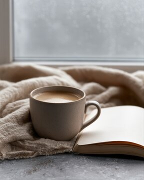 Soft beige rainy morning scene with hot coffee and open journal by window, minimalist Scandinavian interior style