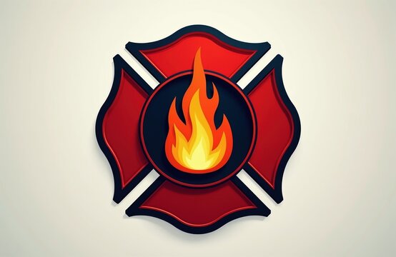 Firefighter Maltese Cross emblem with flames bravery, dedication, rescue services. Courage, heroism, commitment to public safety. Illustrates strength, power in emergency response.