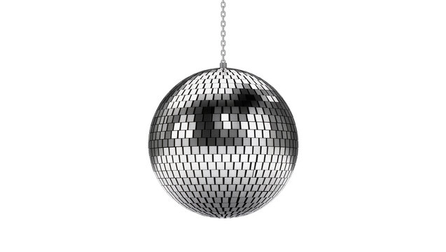 Shiny disco ball with metal chain, isolated on transparent background