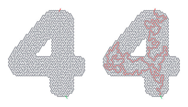 Maze puzzle with honeycomb-shaped tiles forming the number four 4 with the solution