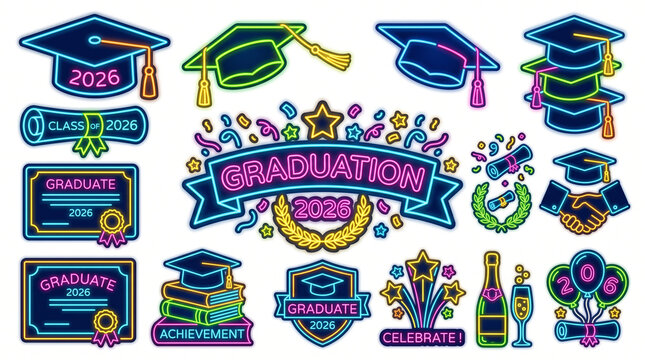 2D Neon Graduation Clipart Set Isolated on White Background