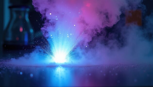 Bright light explosion from chemical reaction in lab. Blue and purple smoke bursts outward with sparks. Science experiment creates energy and glow. Abstract science background.