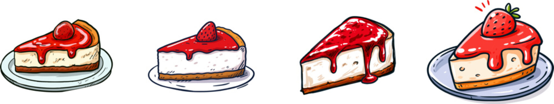 A vibrant slice of cheesecake with bright red strawberry syrup, depicted in bold, clean lines on a solid white background, exudes a cheerful and whimsical charm